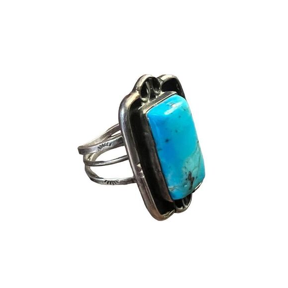 Vintage Southwestern Solid Silver Large Kingman Turquoise Totem Ring Size 5.5 - Picture 8 of 14